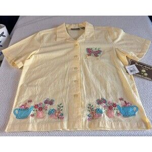NWT Jane Ashley Petite Yellow Embroidered Garden Butterfly Button Down Top PM